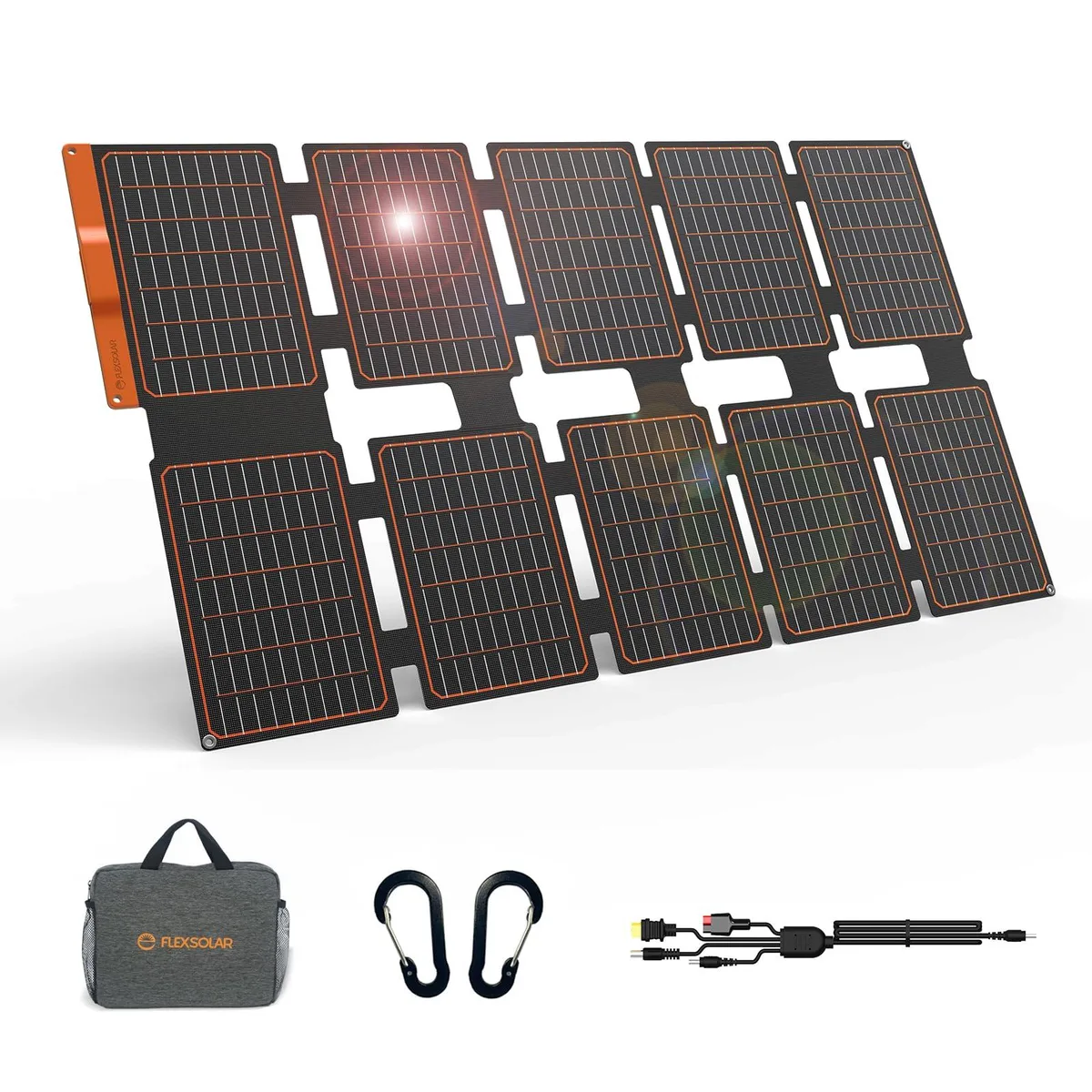 Folded black solar panel in carry bag, rectangular with handle