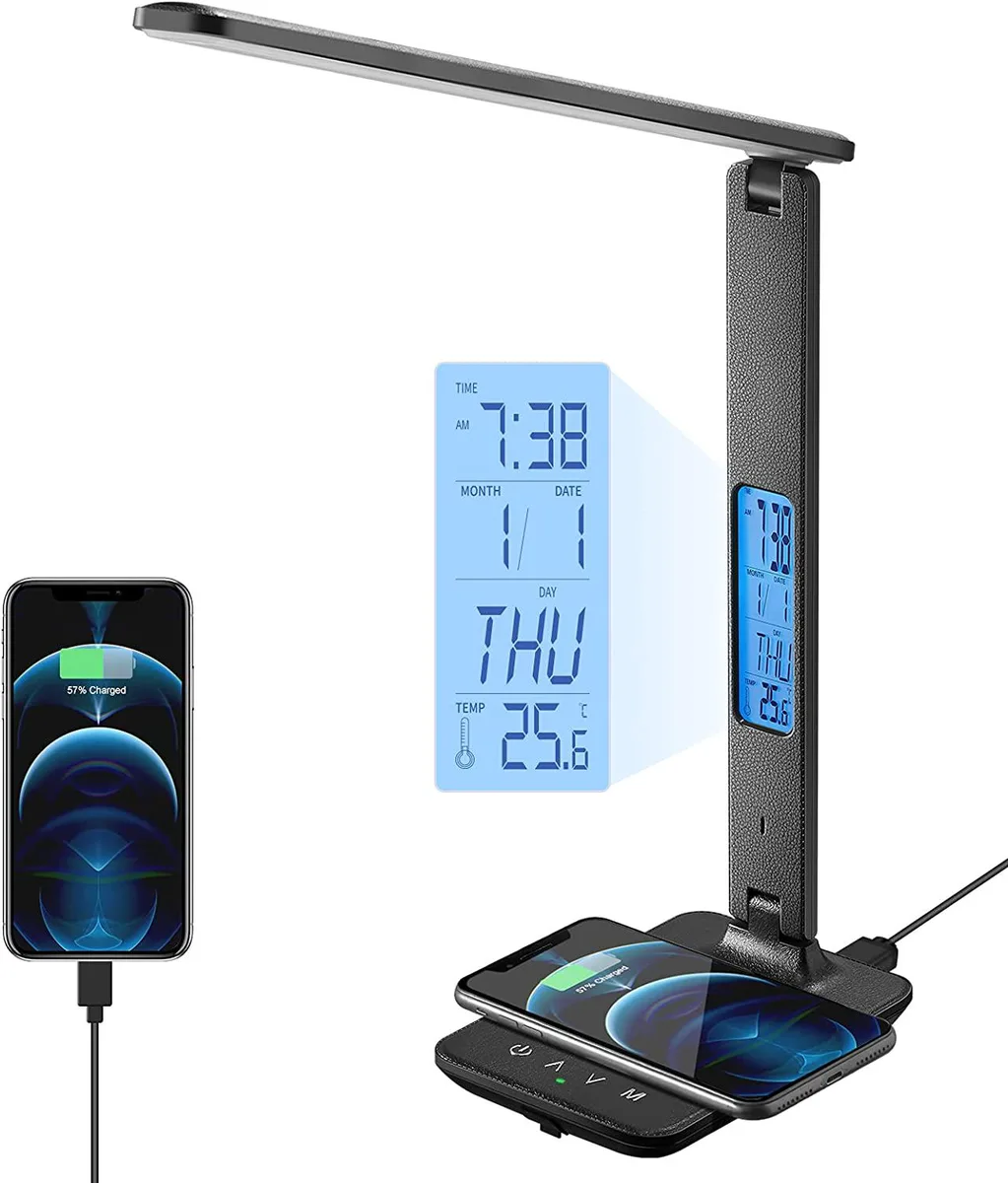 Corn Electronics Corn Electronics Table Lamp, Black, Wireless Charger, USB, LCD Clock, Foldable 180° Arm, 90° Base — product photo