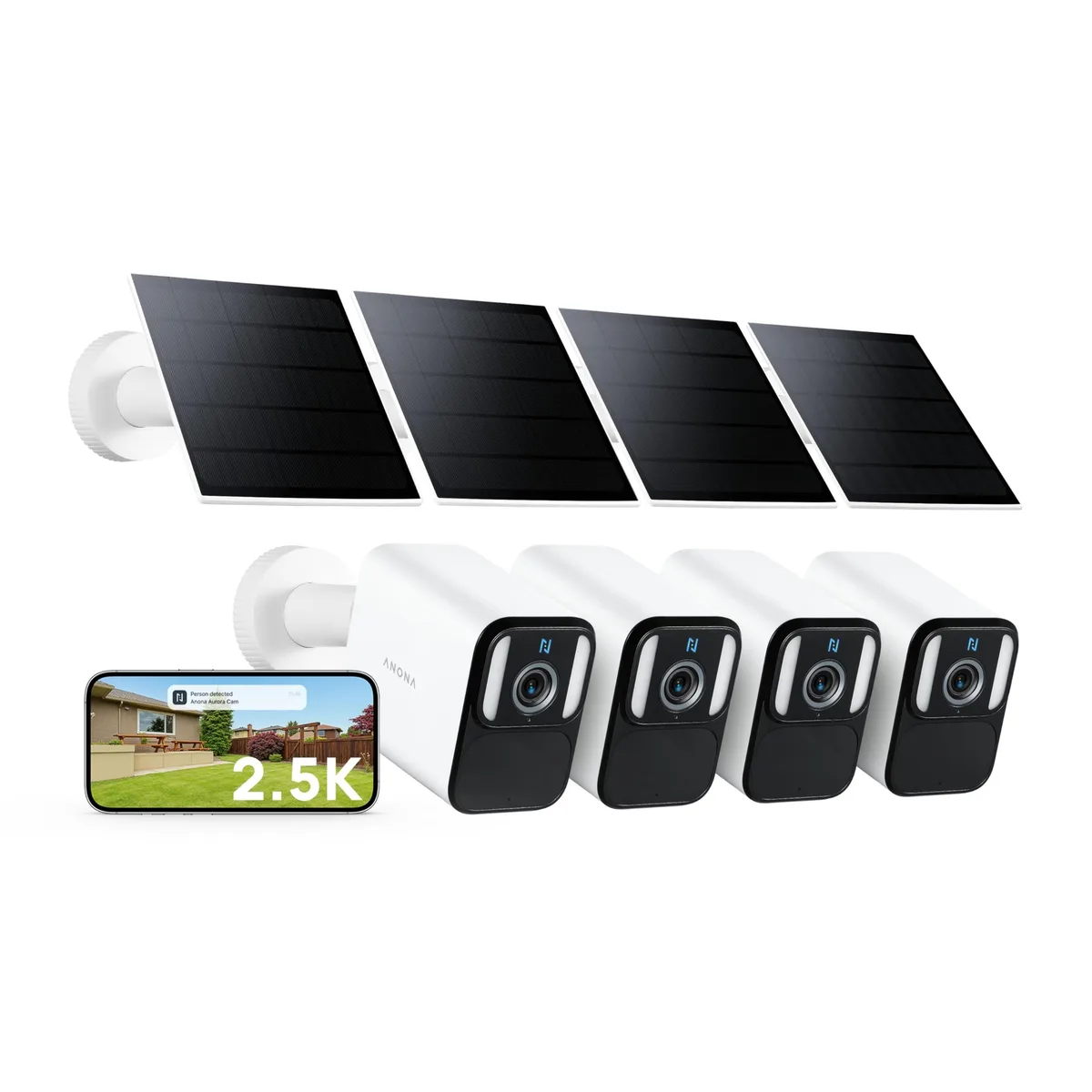 White wireless outdoor security camera with solar panel attached, rectangular body, matte finish