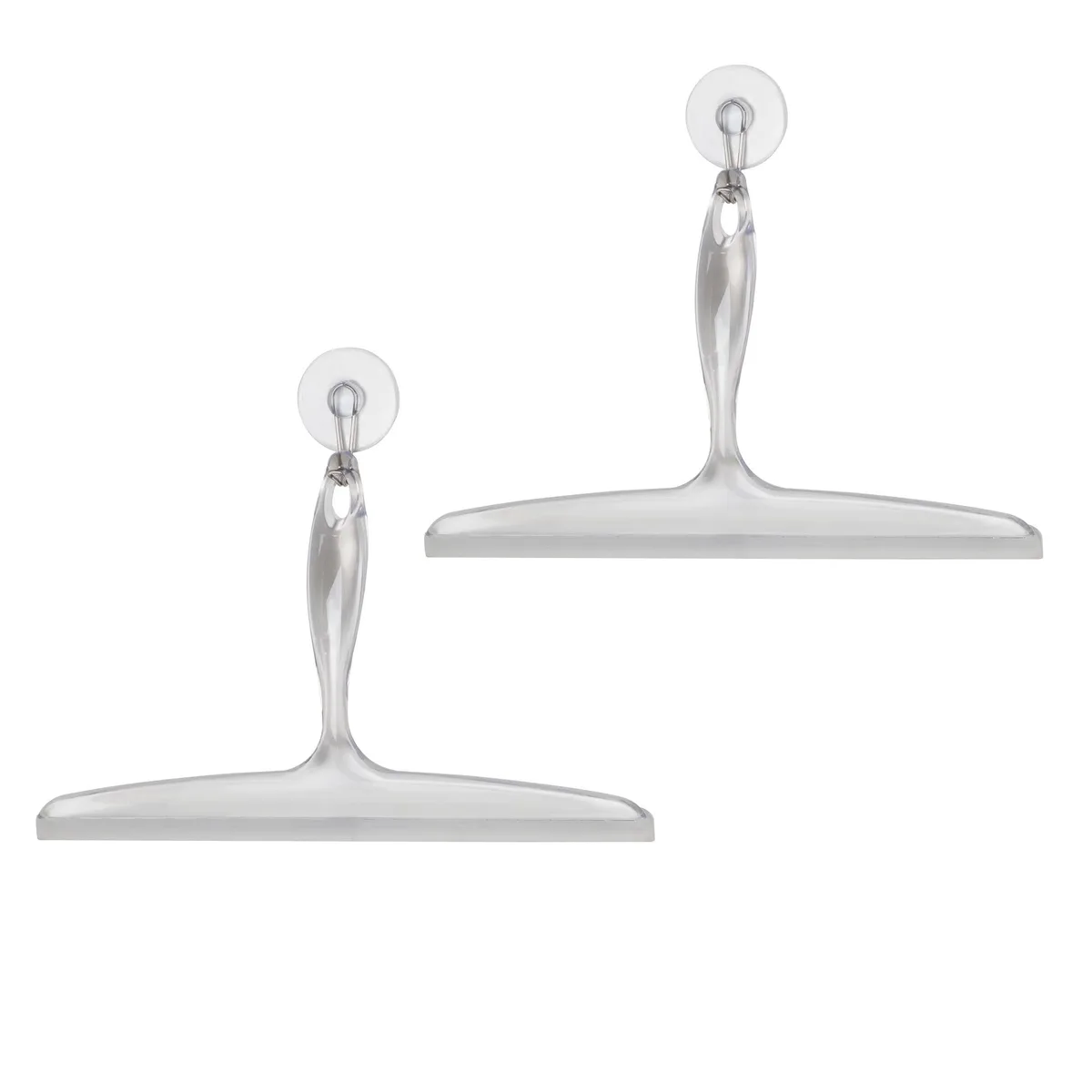 Two clear plastic squeegees with ergonomic handles and a suction cup wall hook