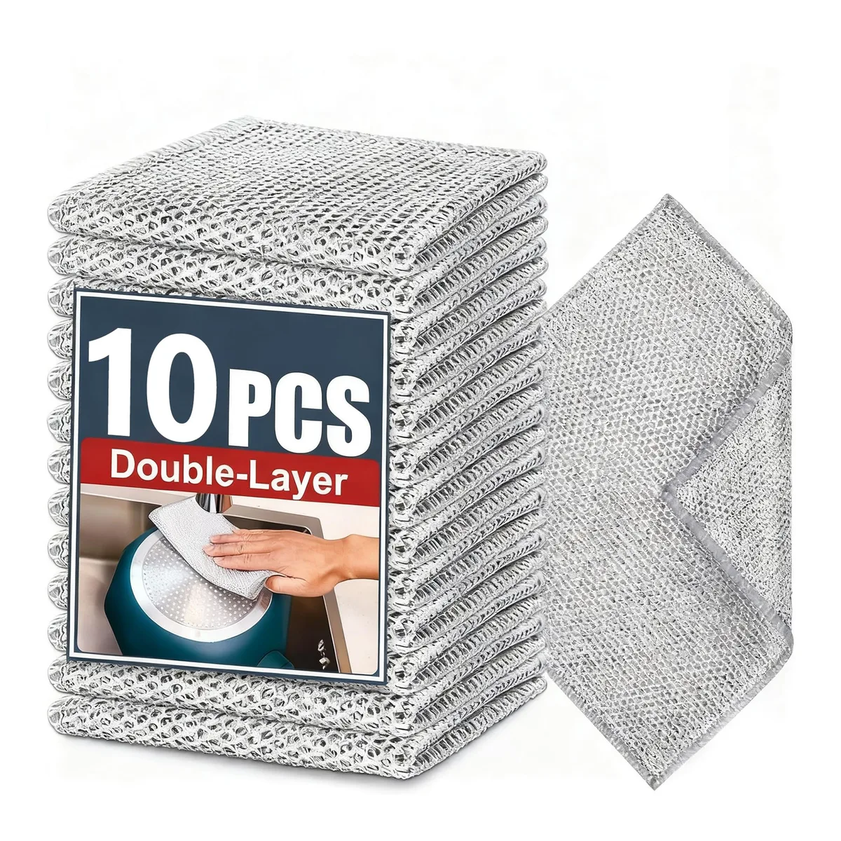 Pack of ten silver double-layer steel-wire cleaning cloths with hanging loops