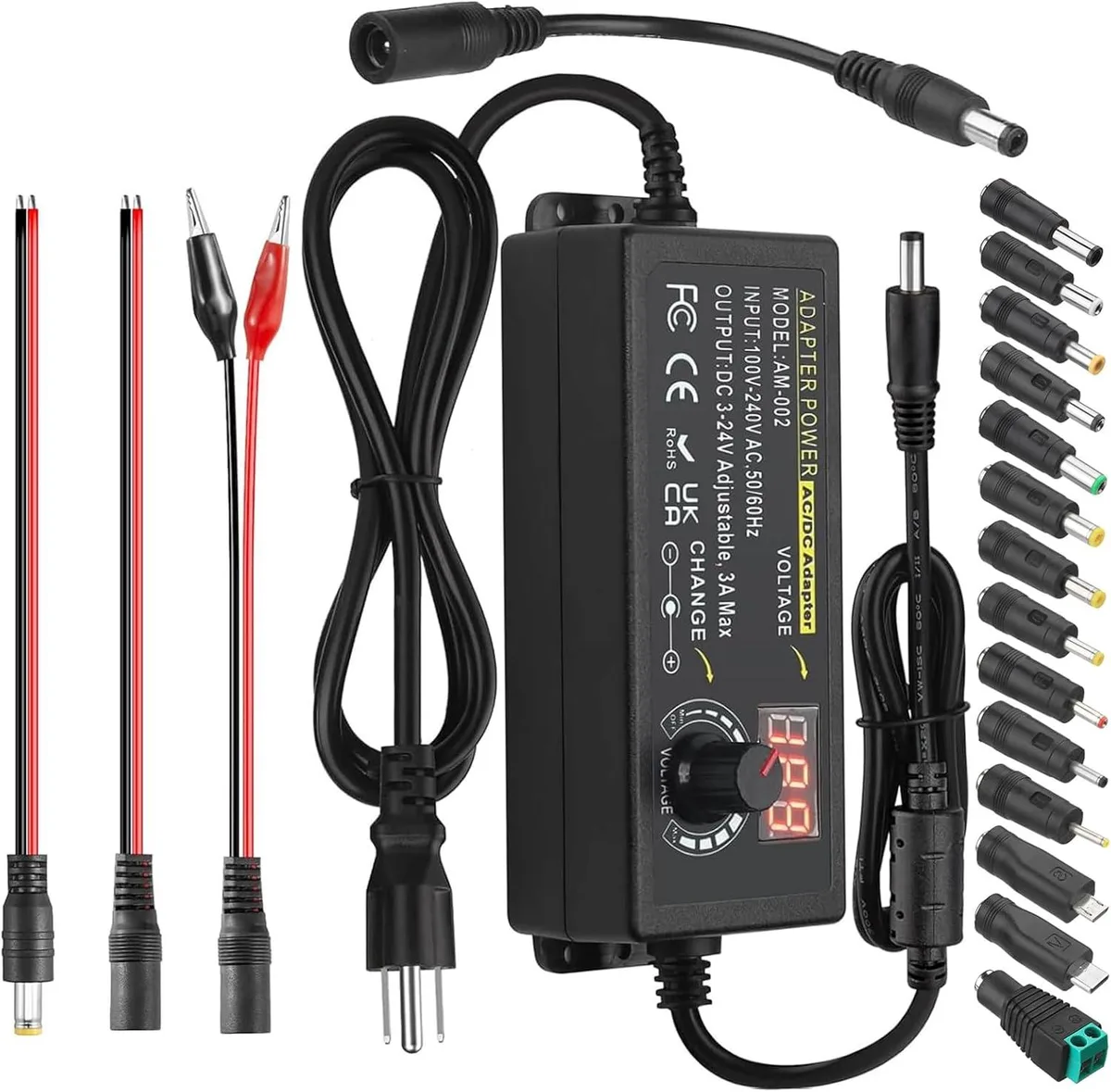 Kenuco Kenuco Adjustable Power Adapter 3-24V 3A 72W 14 Tips Test Leads — product photo