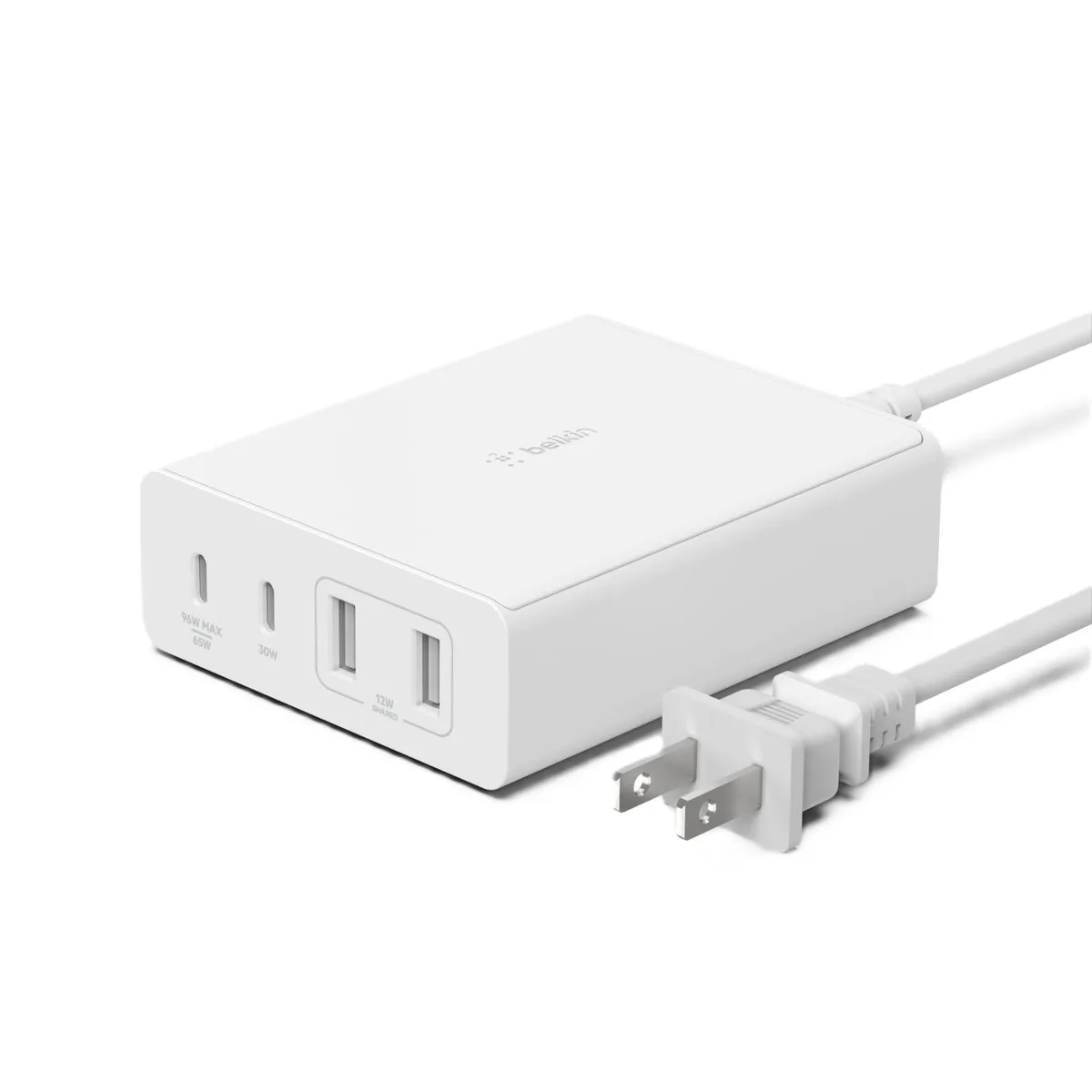 White rectangular desktop charger with four front ports and a 6.6-foot power cord