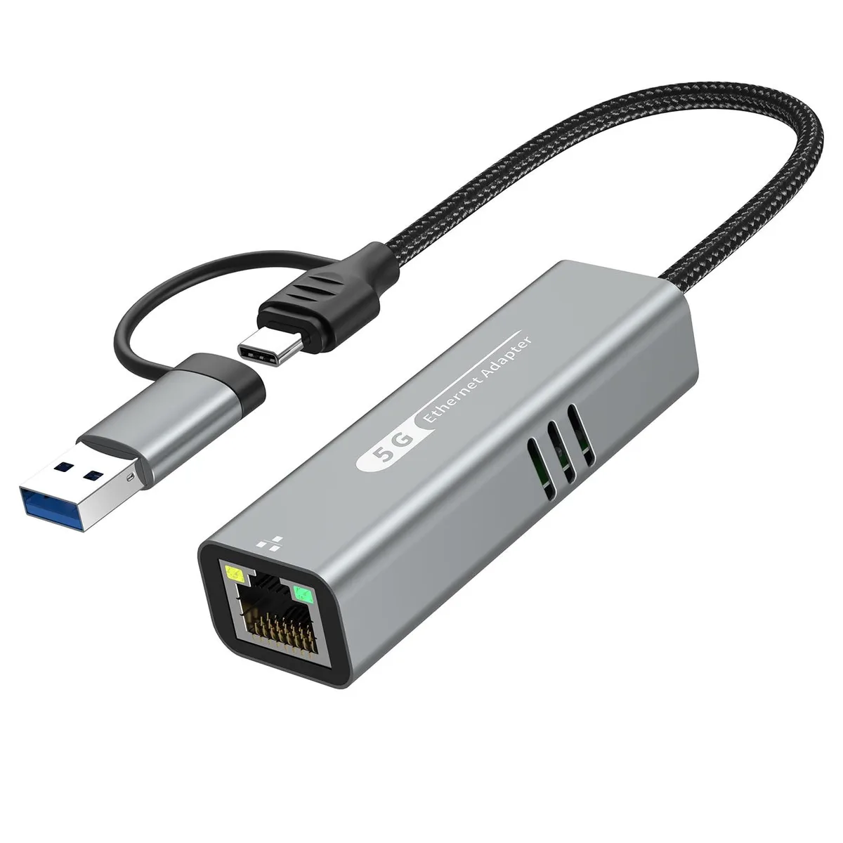 Small white USB 3.2 to RJ45 network adapter with USB-A and Type-C plugs