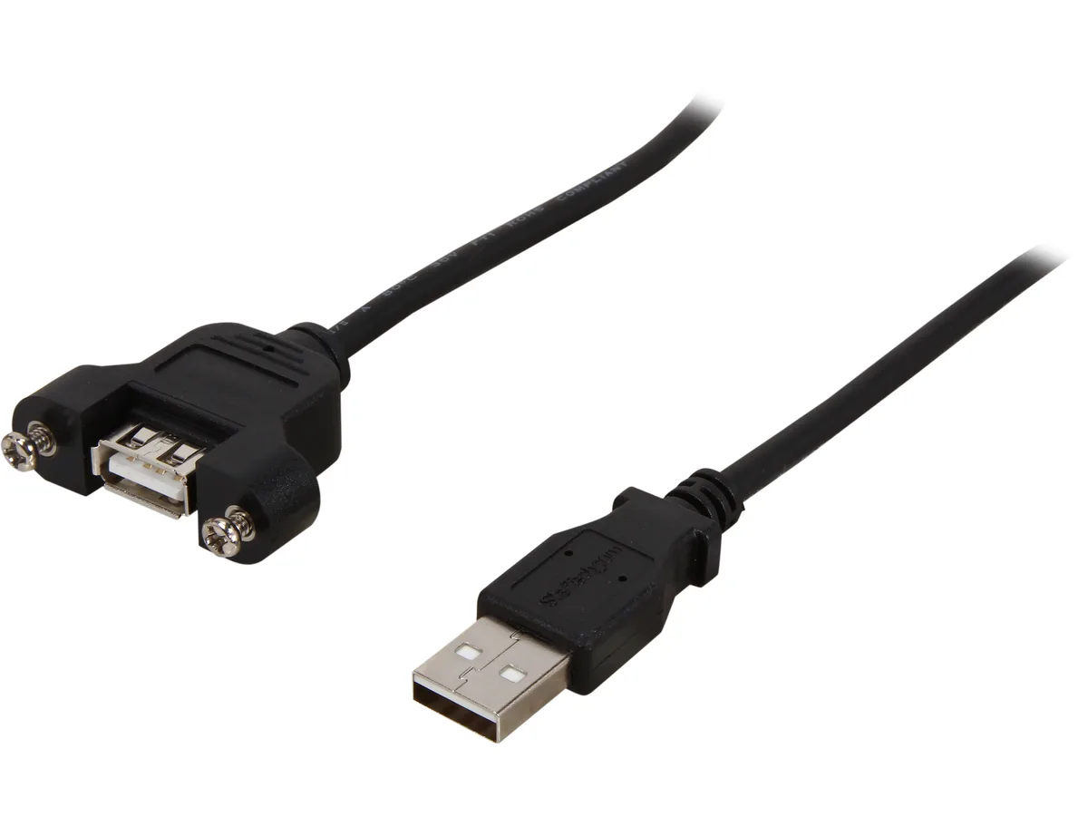 Black 3 ft panel-mount USB A male to A female cable with nickel-plated connectors