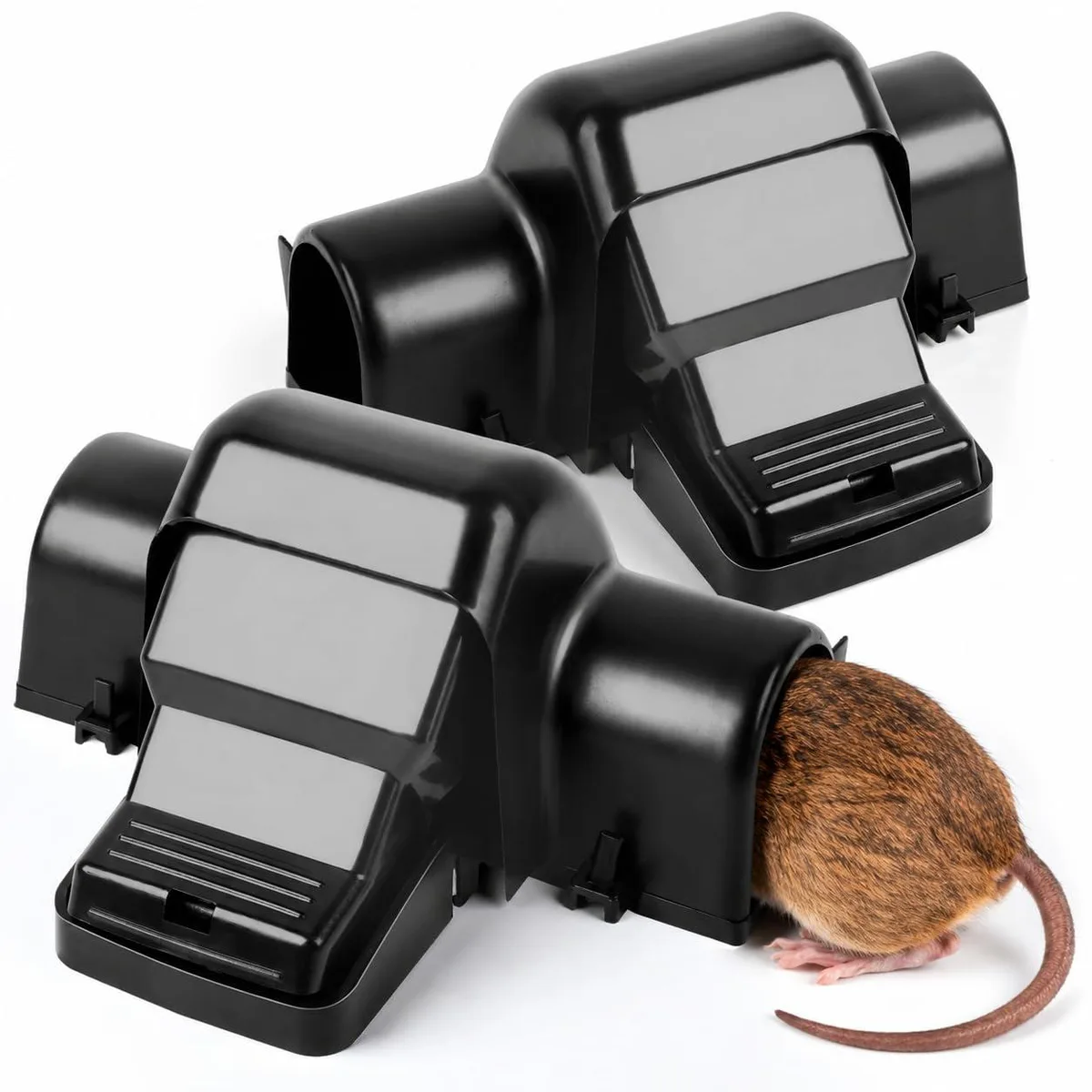 Two black ABS plastic tunnel traps with enclosed snap mechanisms, 8x6x5 inches