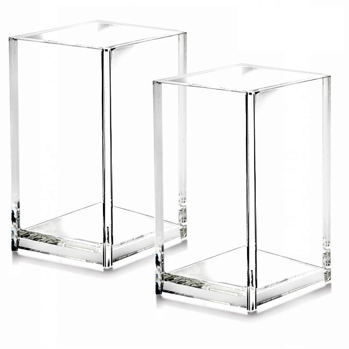 Two clear square acrylic pen holders, 2.6 by 2.6 by 4 inches, polished finish