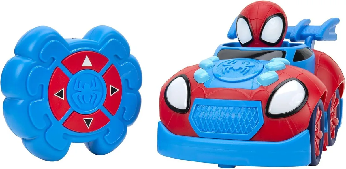 Blue and red Spider-Man themed RC car with Spidey figure inside, remote control included