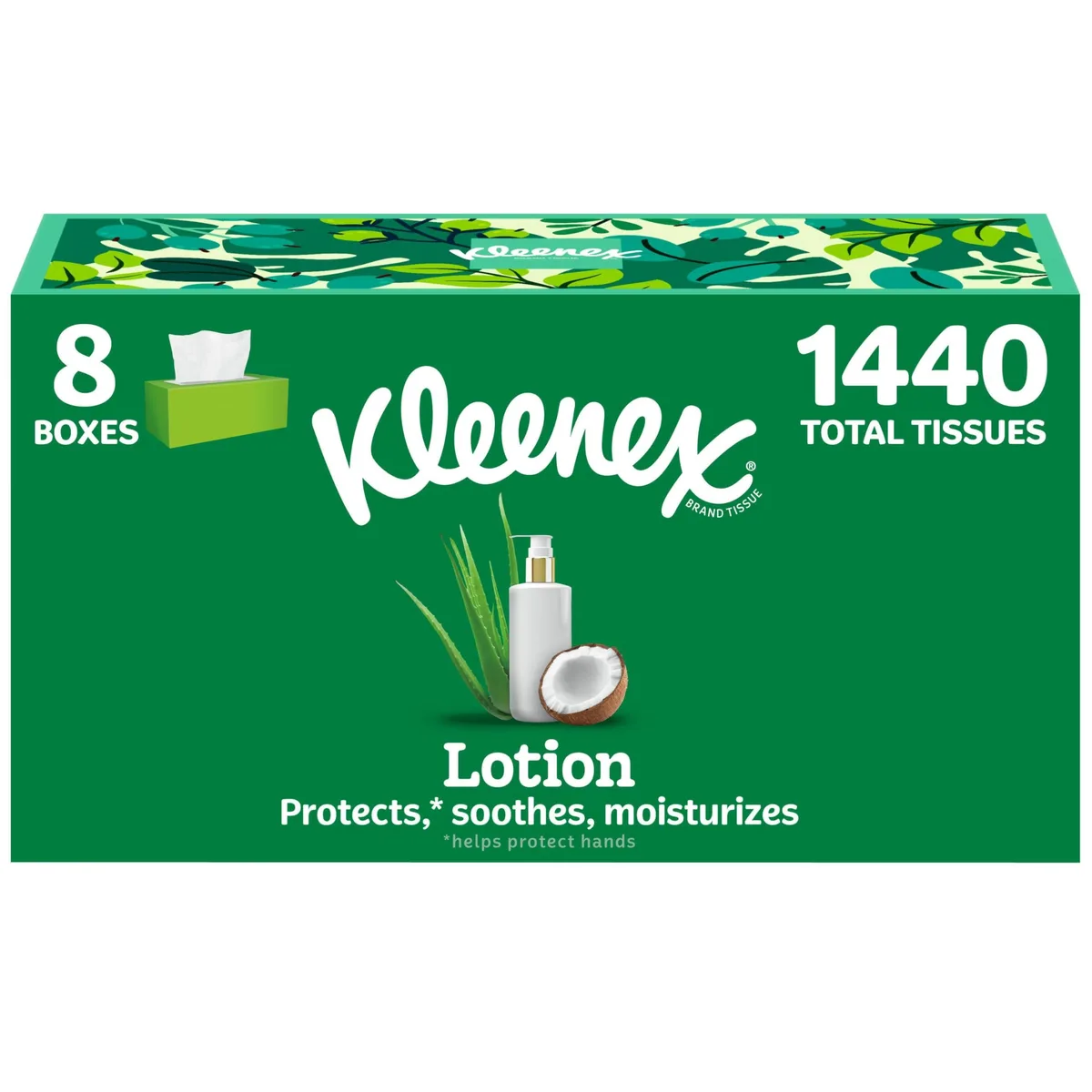 Eight blue rectangular tissue boxes stacked together, 3-ply lotion infused with coconut oil and aloe
