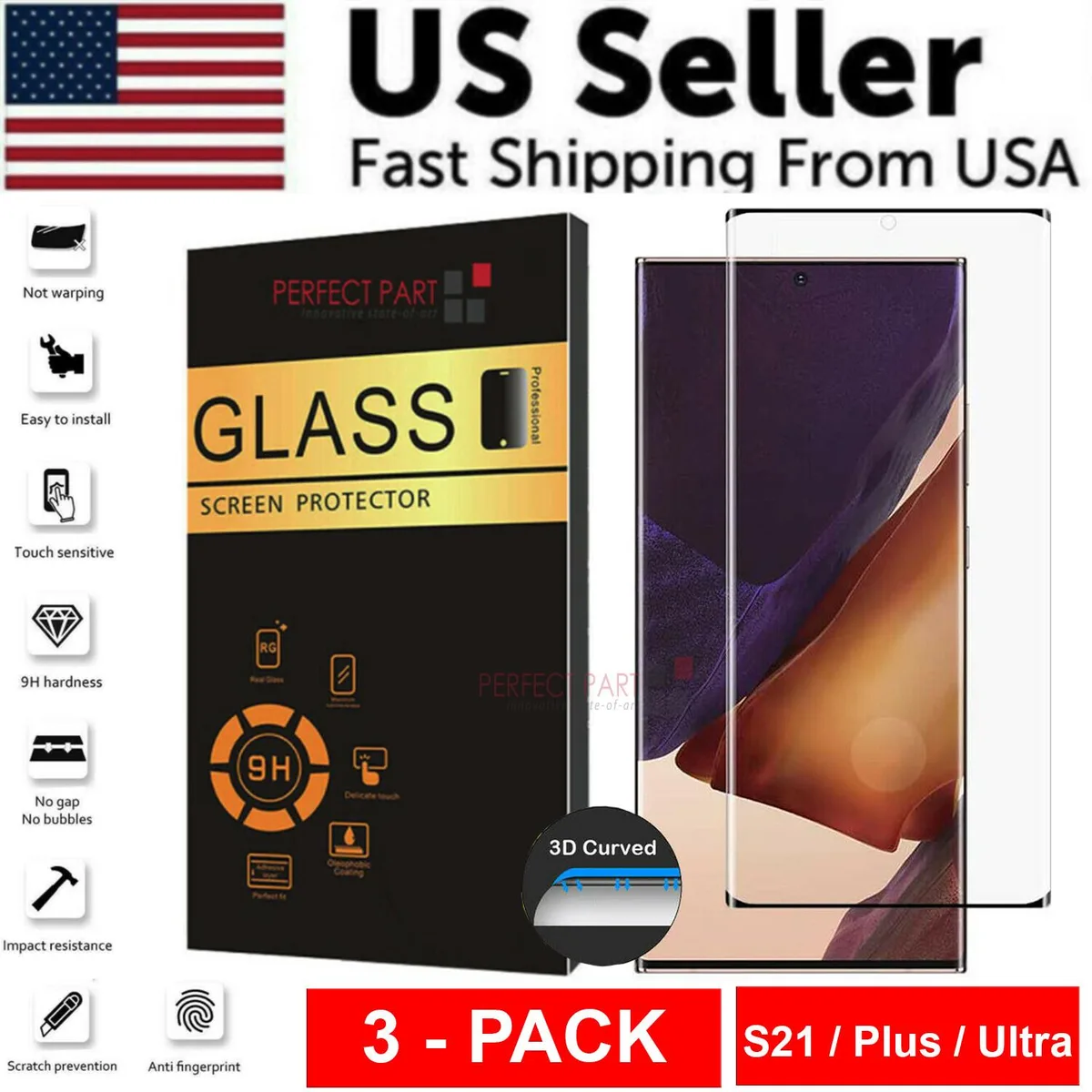 Rectangular stack of clear tempered glass screen protectors in sealed packaging