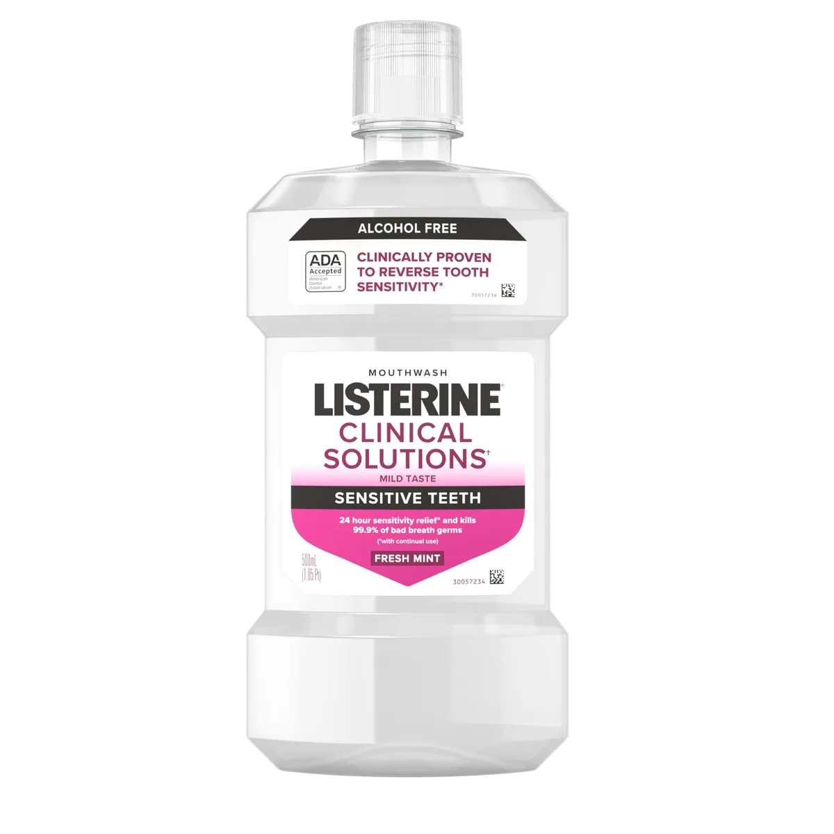 White plastic bottle with blue cap, 500 mL mouthwash, rectangular shape