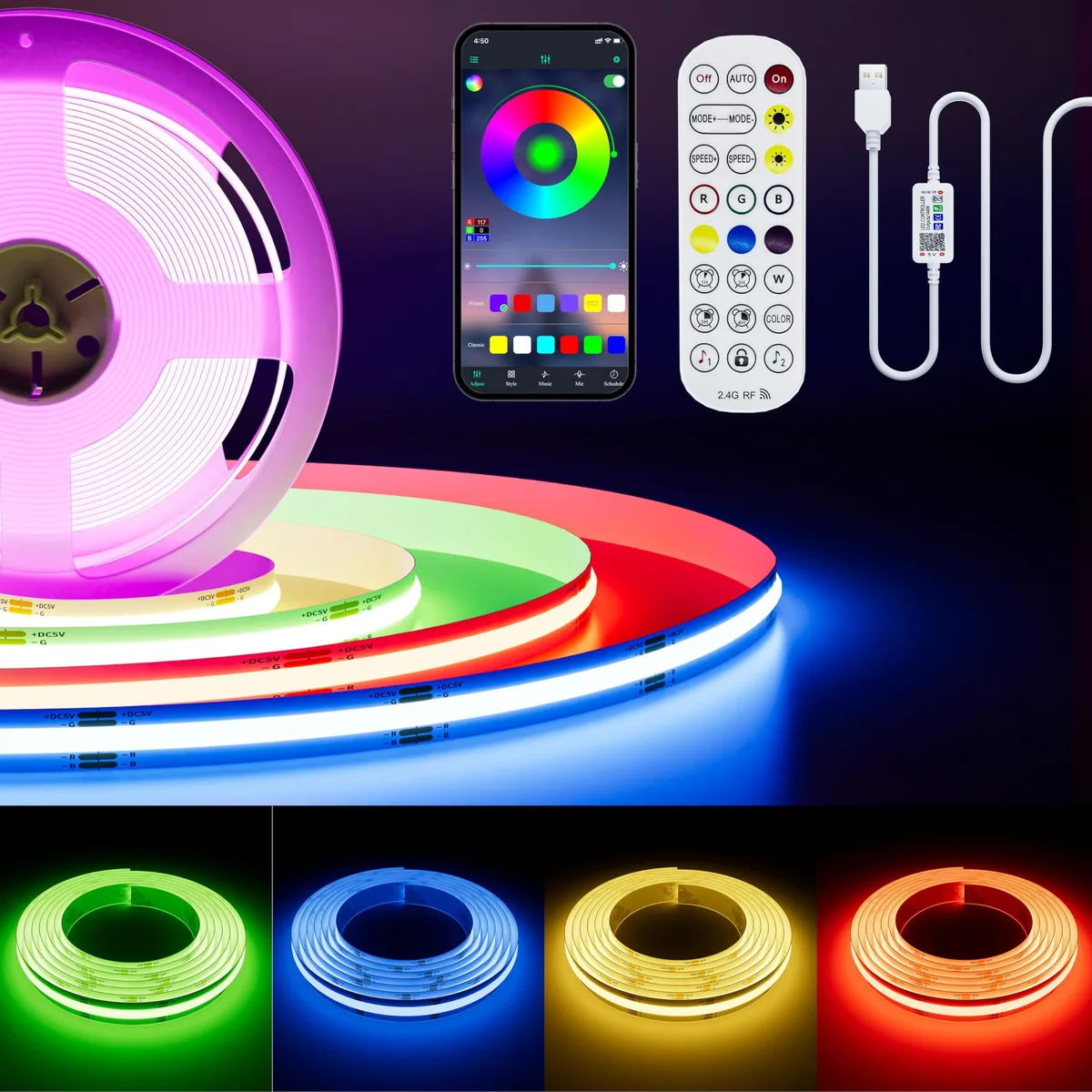 PAUTIX COB-USB-RGB816F010-1.5M Under Cabinet RGB COB LED Strip Light 1.5m 10W 5V — product photo