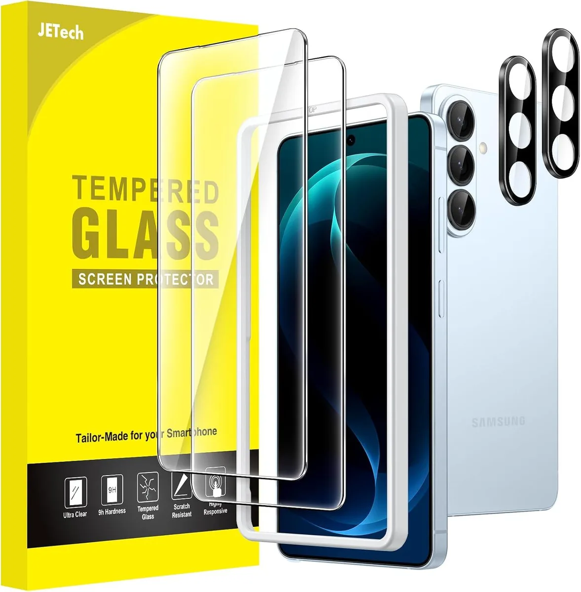 Two clear tempered glass screen protectors with camera lens covers and an alignment tool