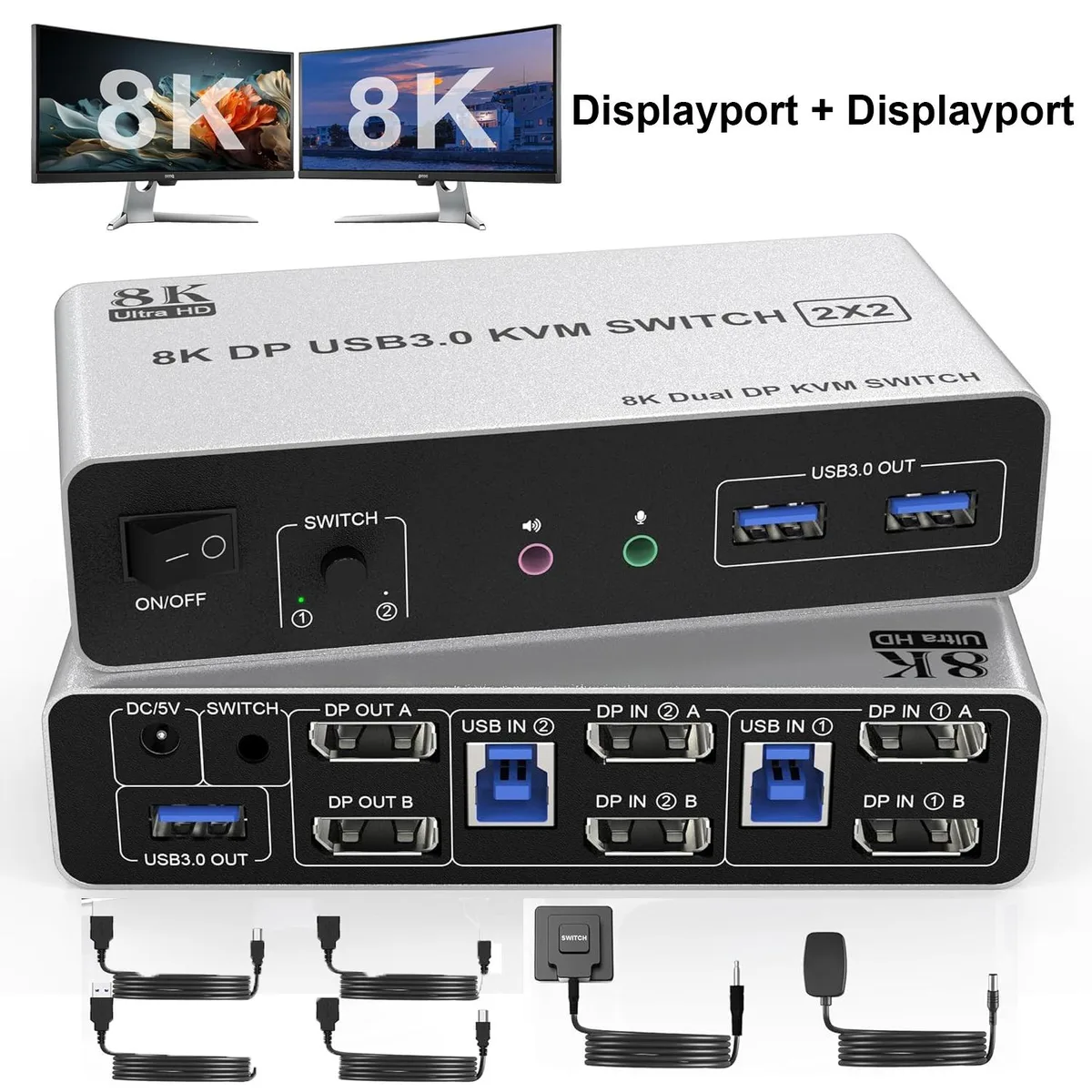 IHDAPP IHDAPP Dual Monitor DP 1.4 KVM Switch 2 Computers 2 Monitors 8K@60Hz 4K@144Hz USB 3.0 — product photo