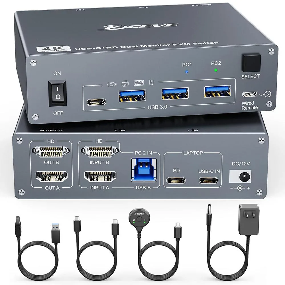 Hitoor Hitoor USB-C HDMI Dual Monitor KVM Switch 2×2 4K60 1.5 m Remote — product photo