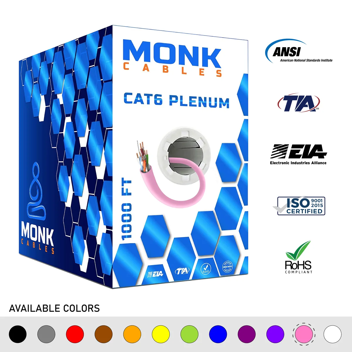 Monk Cables Monk Cables CAT6 Plenum 1000ft 23AWG 550MHz UTP Pink network ethernet cable — product photo
