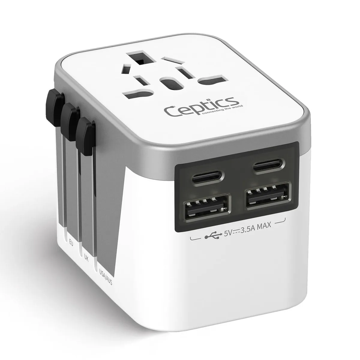  Ceptics UP-8KU Universal Travel Adapter 2x USB-A 2x USB-C 5V/3.1A — product photo