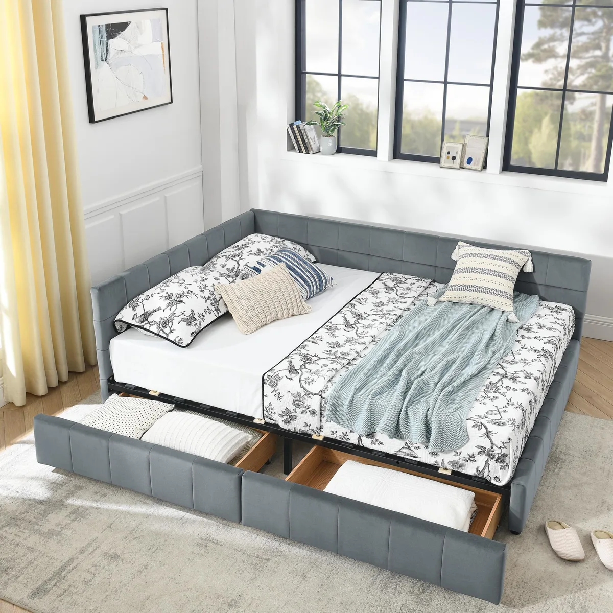Grey velvet upholstered queen daybed with tufted backrest, armrest and double storage drawers