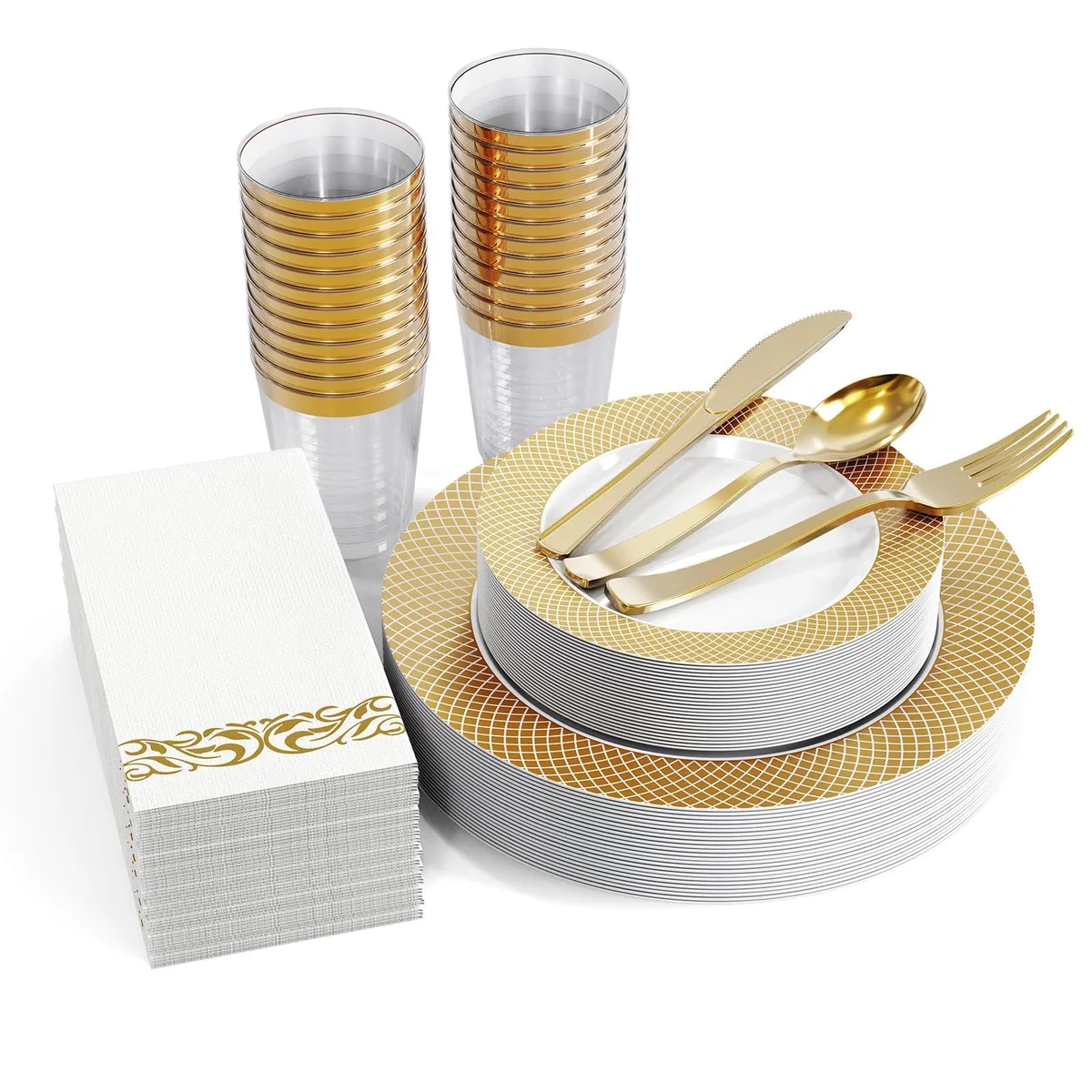 Boxed set of gold plastic plates, cutlery, cups and napkins for 25 guests