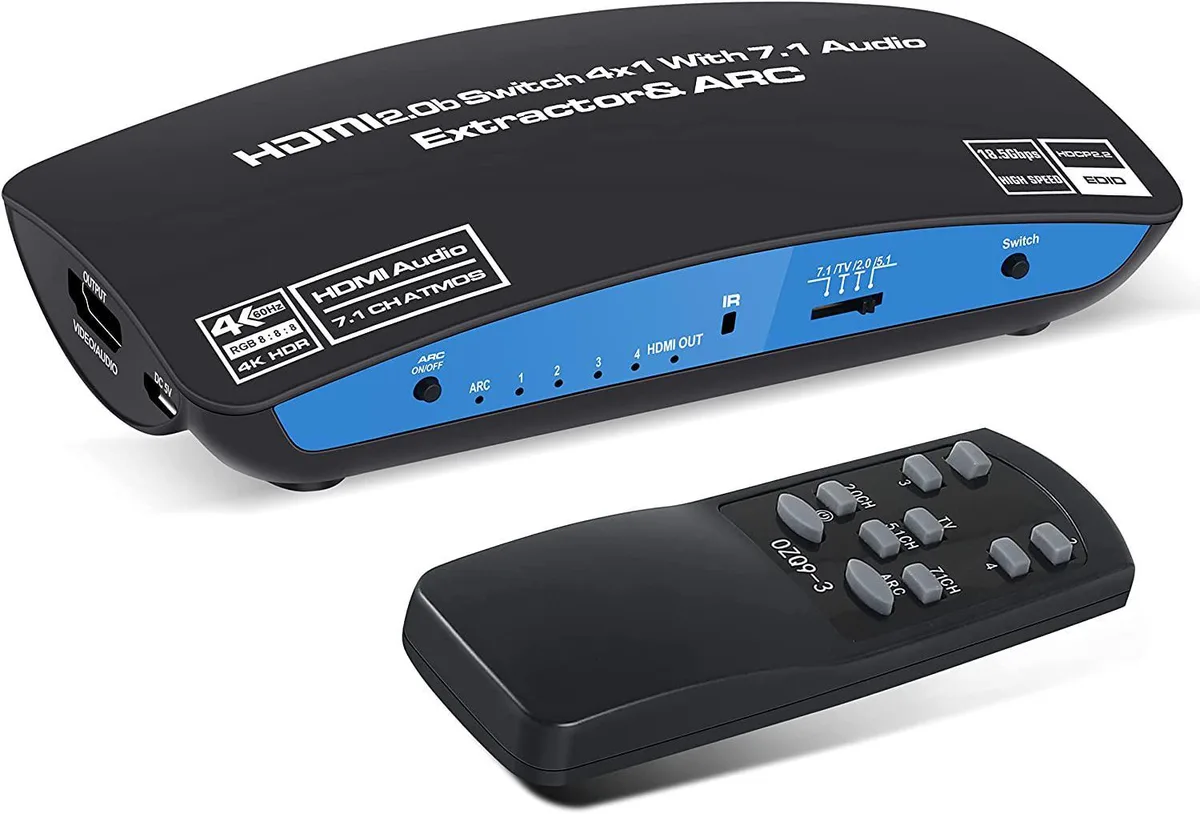 WRIARICH WRIARICH OZQ9-1 4x1 HDMI Switch Audio Extractor 4K@60Hz 18.5Gbps 7.1CH Atmos Optical 3.5mm Remote Black — product photo