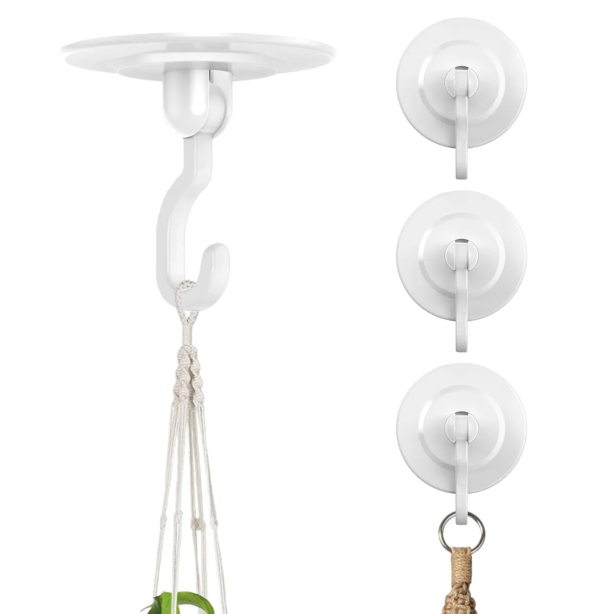 Four white adhesive hooks with 360° swivel bases