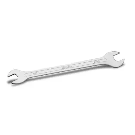 Thin open-end wrench with 15-degree angled heads, chrome finish
