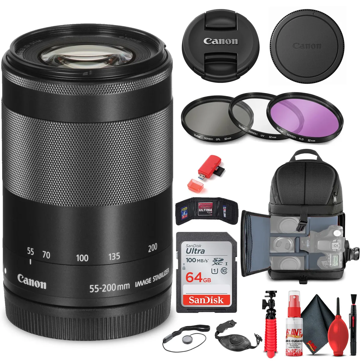 Canon Canon EF-M 55-200mm f/4.5-6.3 IS STM Lens (Black) + Filter Kit + Backpack + 64GB Card + Accessories — product photo