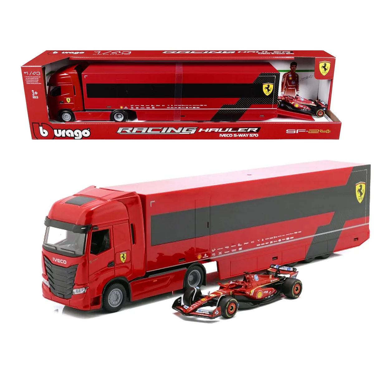 BBURAGO BBURAGO Iveco S-Way 570 Car Transporter Red &amp; Ferrari SF-24 #16 F1 2024 1/43 Diecast Hobby Collectible — product photo