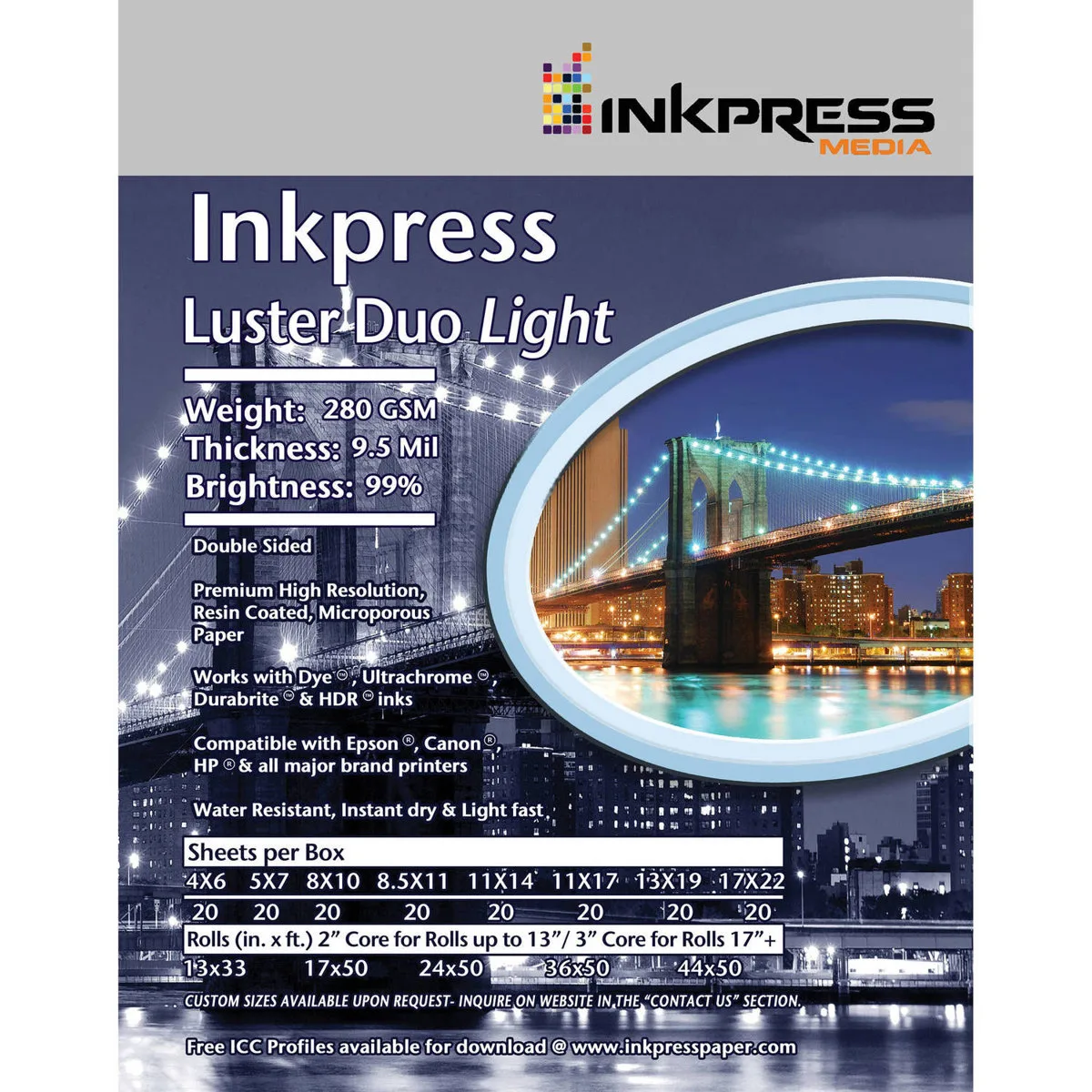 Inkpress Inkpress Luster Duo Light Double-Sided Inkjet Paper 8.5x11" 280 gsm 9.5 mil 99% Bright 20 Sheets — product photo