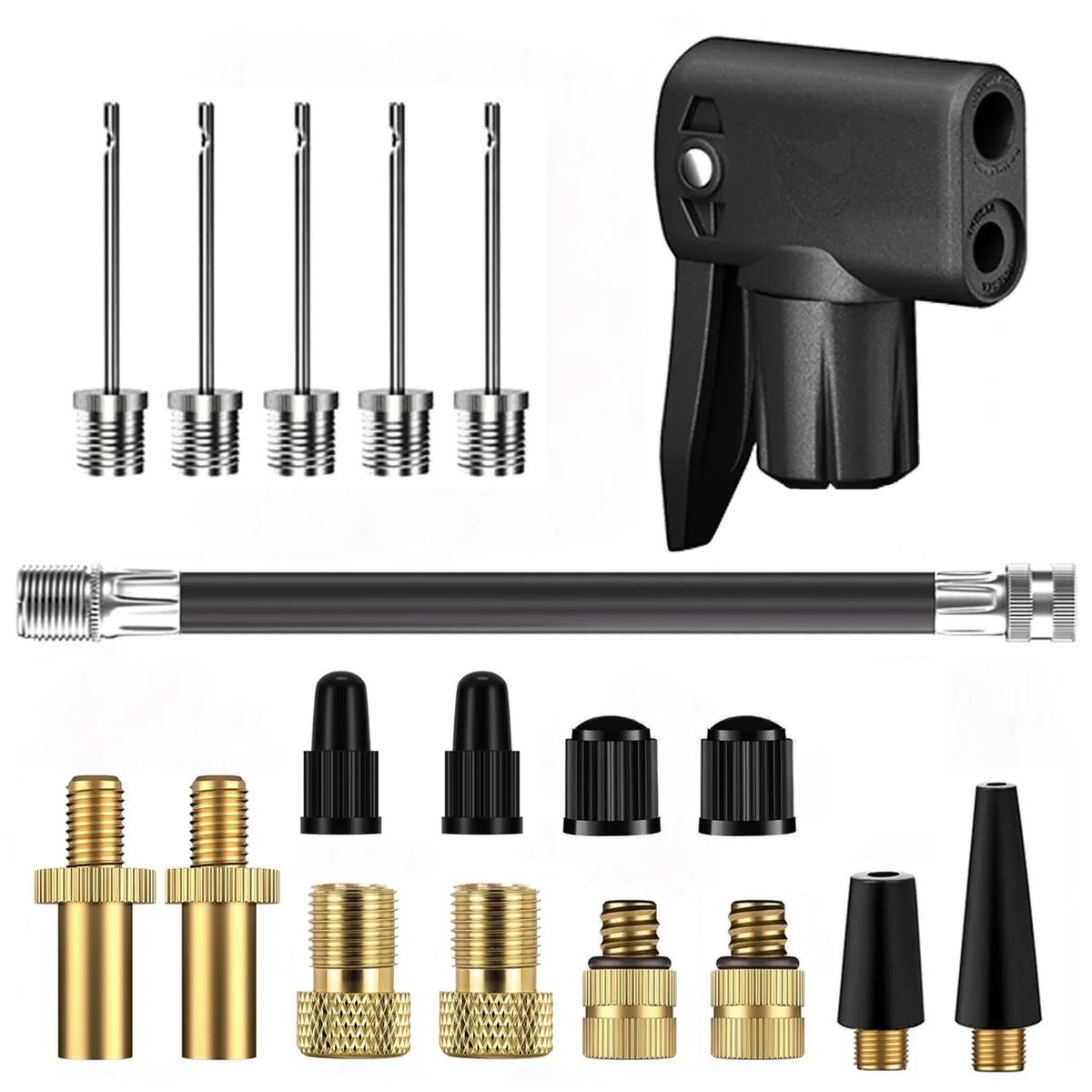 Black plastic 19-piece valve adapter kit in compact 95mm by 65mm by 25mm box