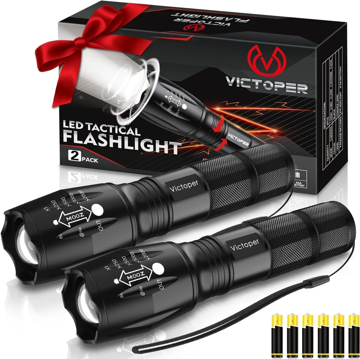 Four handheld flashlights with matte grey finish and adjustable focus heads