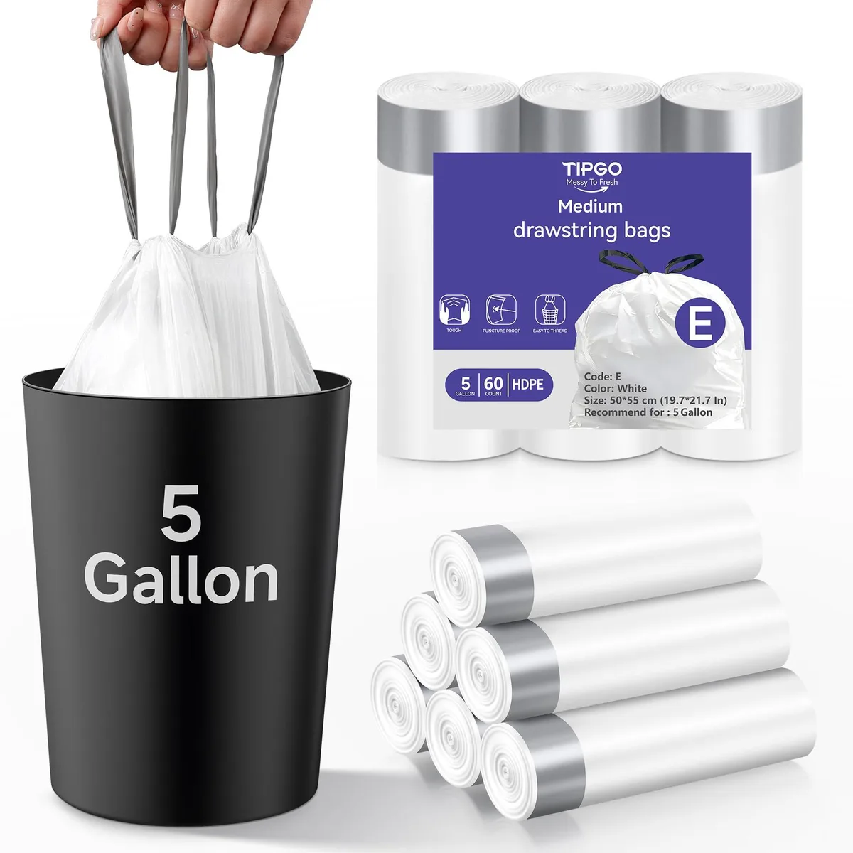 Box containing three rolls of white drawstring trash bags