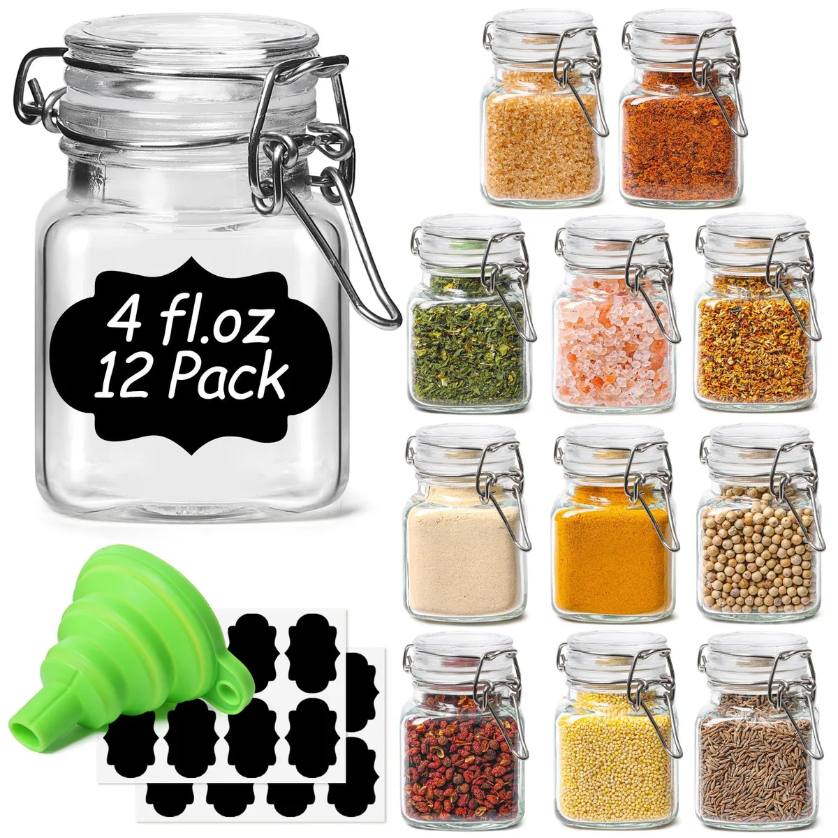 Twelve square glass jars with red silicone wire-clamp lids and a funnel