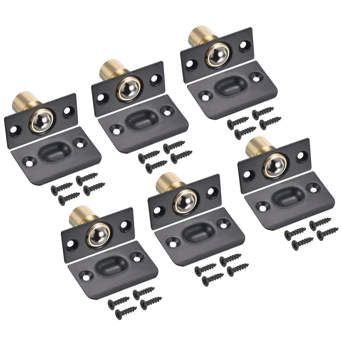 Six black metal ball catches with strike plates and screws