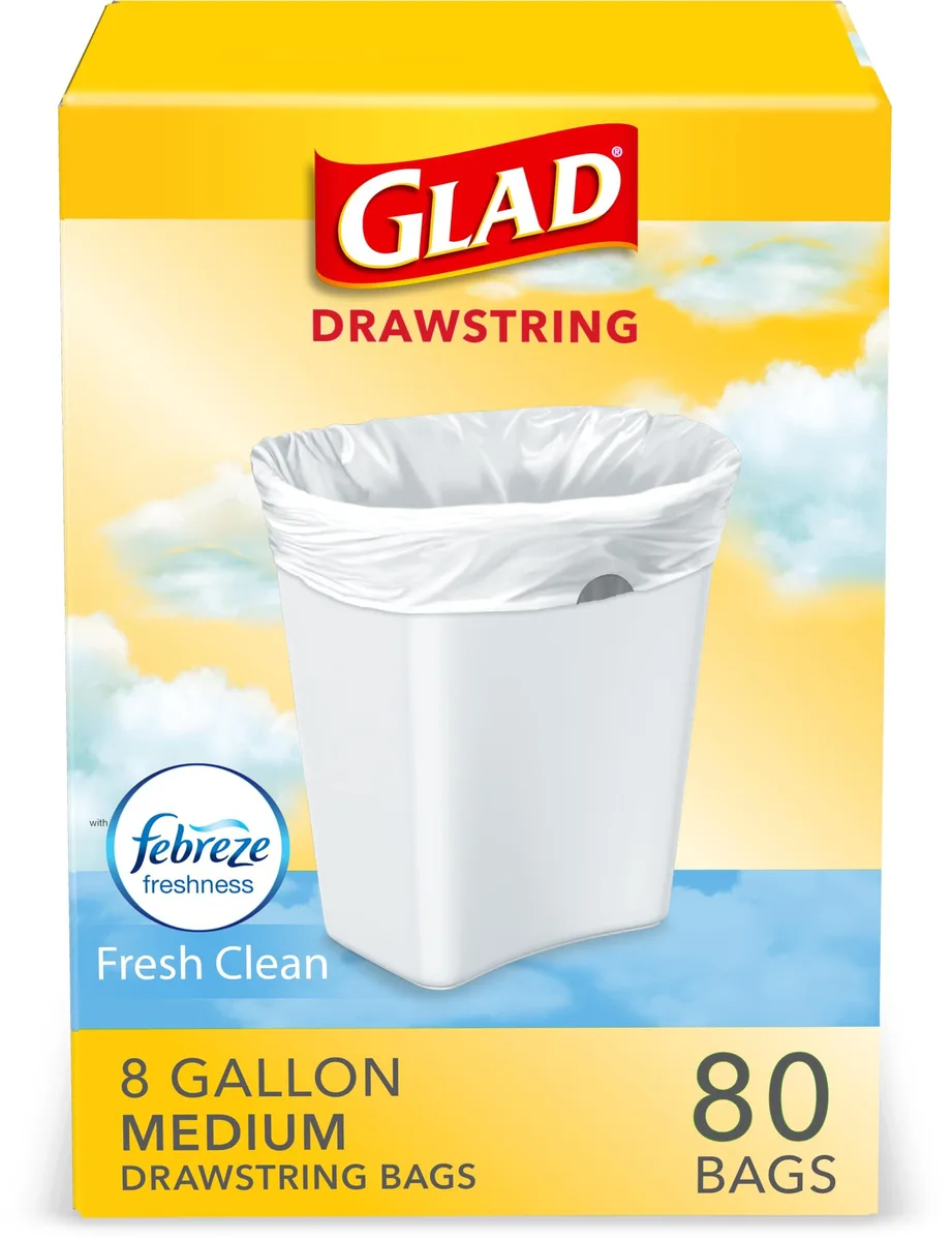 White plastic drawstring trash bags in rectangular box