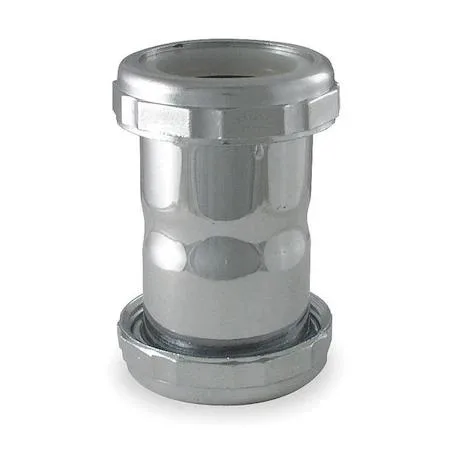 Round brass coupling trap with chrome-plated silver finish and reducing washer included