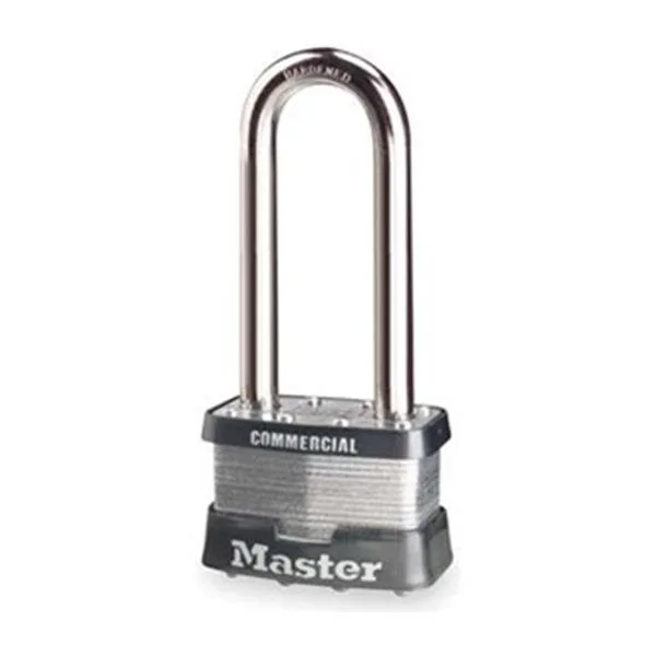 Black steel rectangular padlock with silver long shackle