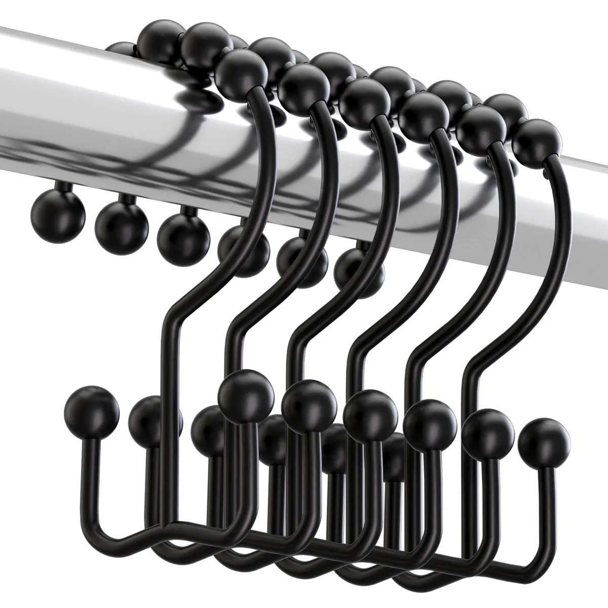 Twelve matte-black metal double-glide shower curtain hooks with spherical rollers