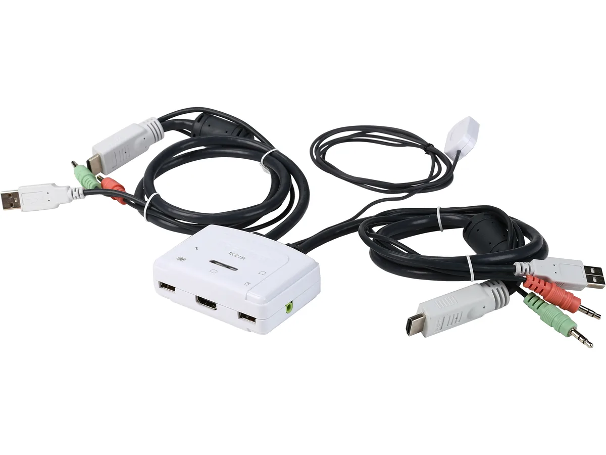 White rectangular KVM switch with integrated cables and remote toggle button