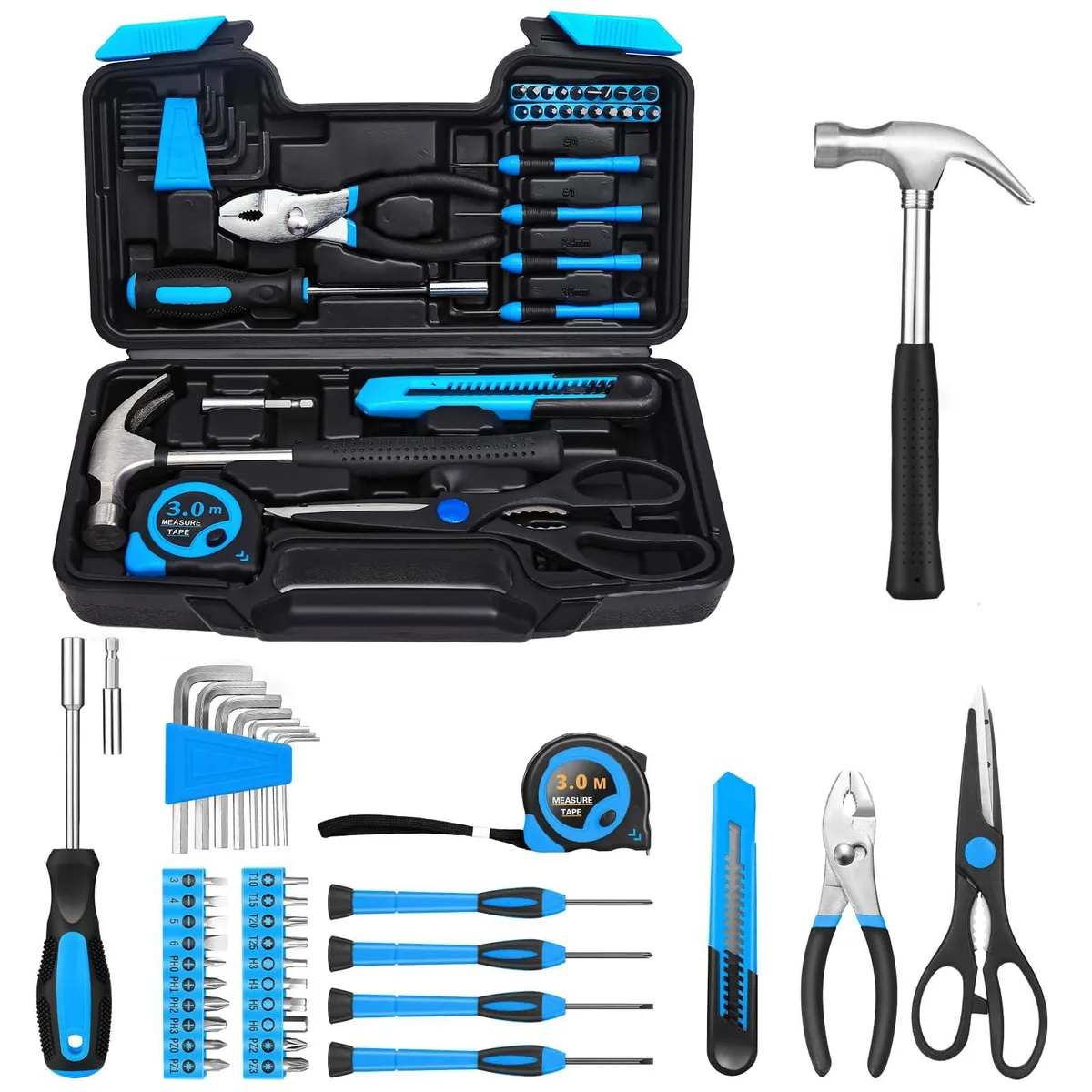 Blue plastic toolbox containing 39-piece hand tool set with hammer, pliers, screwdrivers, hex keys, tape measure, utility knife