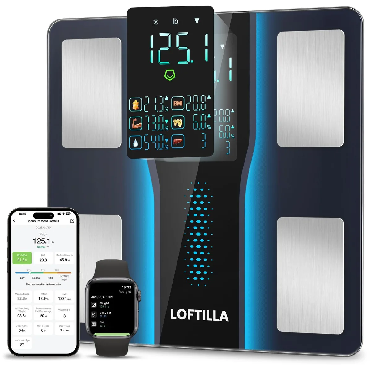 Black rectangular digital bath scale with 5.4 inch LED display and four metal electrodes