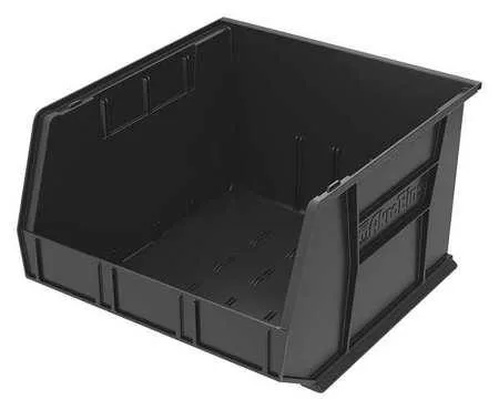 Black plastic storage bin with molded label slots and divider channels, rectangular shape, stackable design