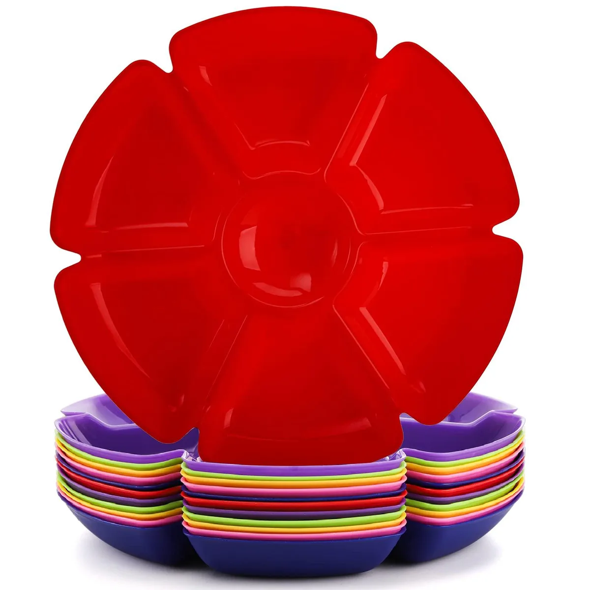 Blue round plastic tray with seven compartments flower design