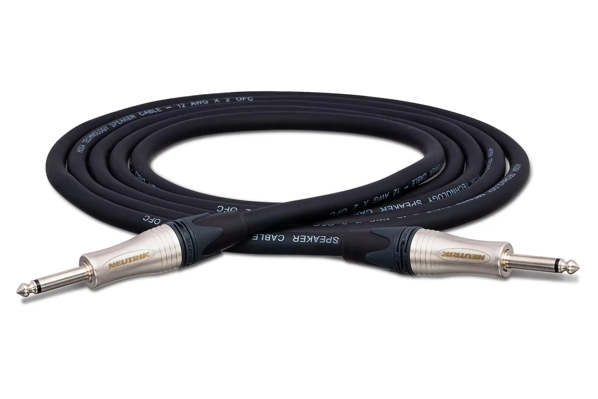 Black speaker cable with 1/4 inch TS plugs at both ends, twenty feet long