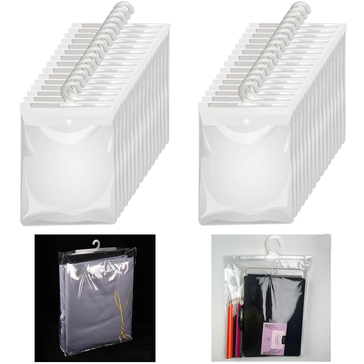 Pack of 30 clear plastic hanging bags with hooks, 13 by 11 inches