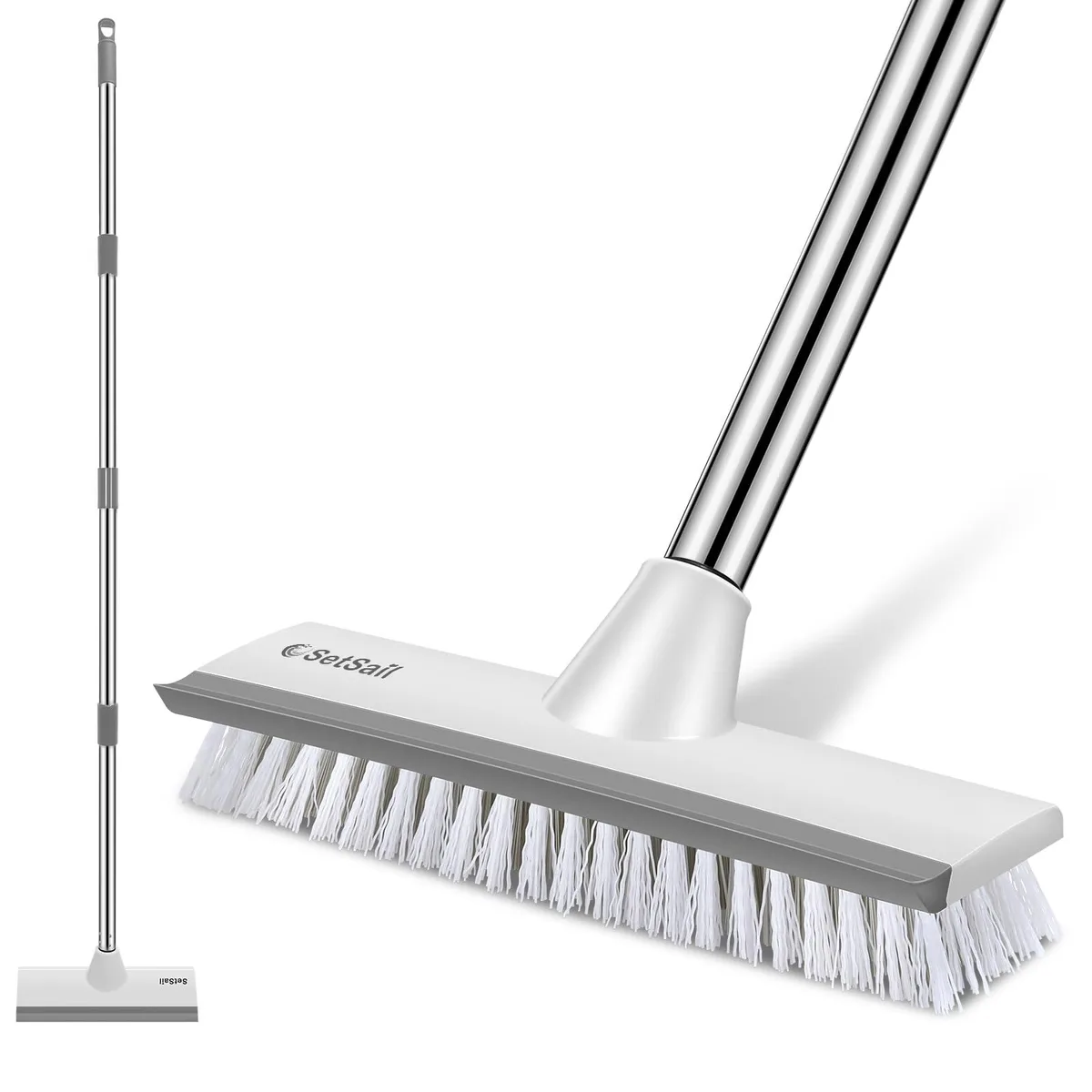 White floor scrub brush with integrated rubber scraper and adjustable stainless steel handle extending to 51 inches