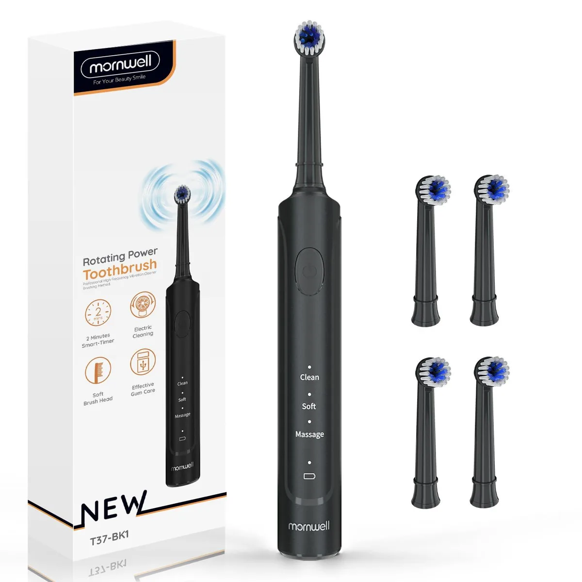 Black cylindrical electric toothbrush handle with four round brush heads and USB charging cable