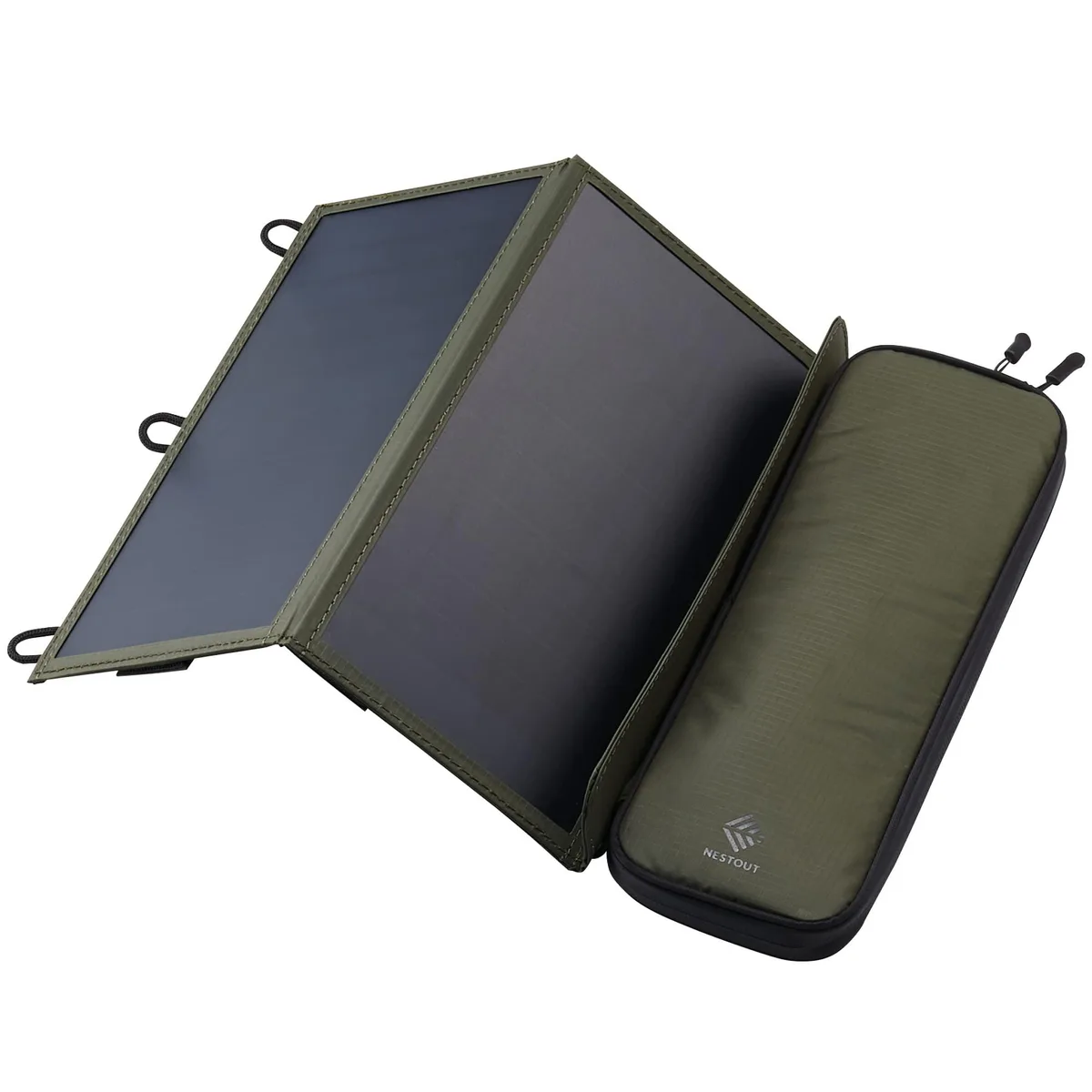 Foldable two-panel solar charger in water-resistant ripstop nylon with adjustable stands
