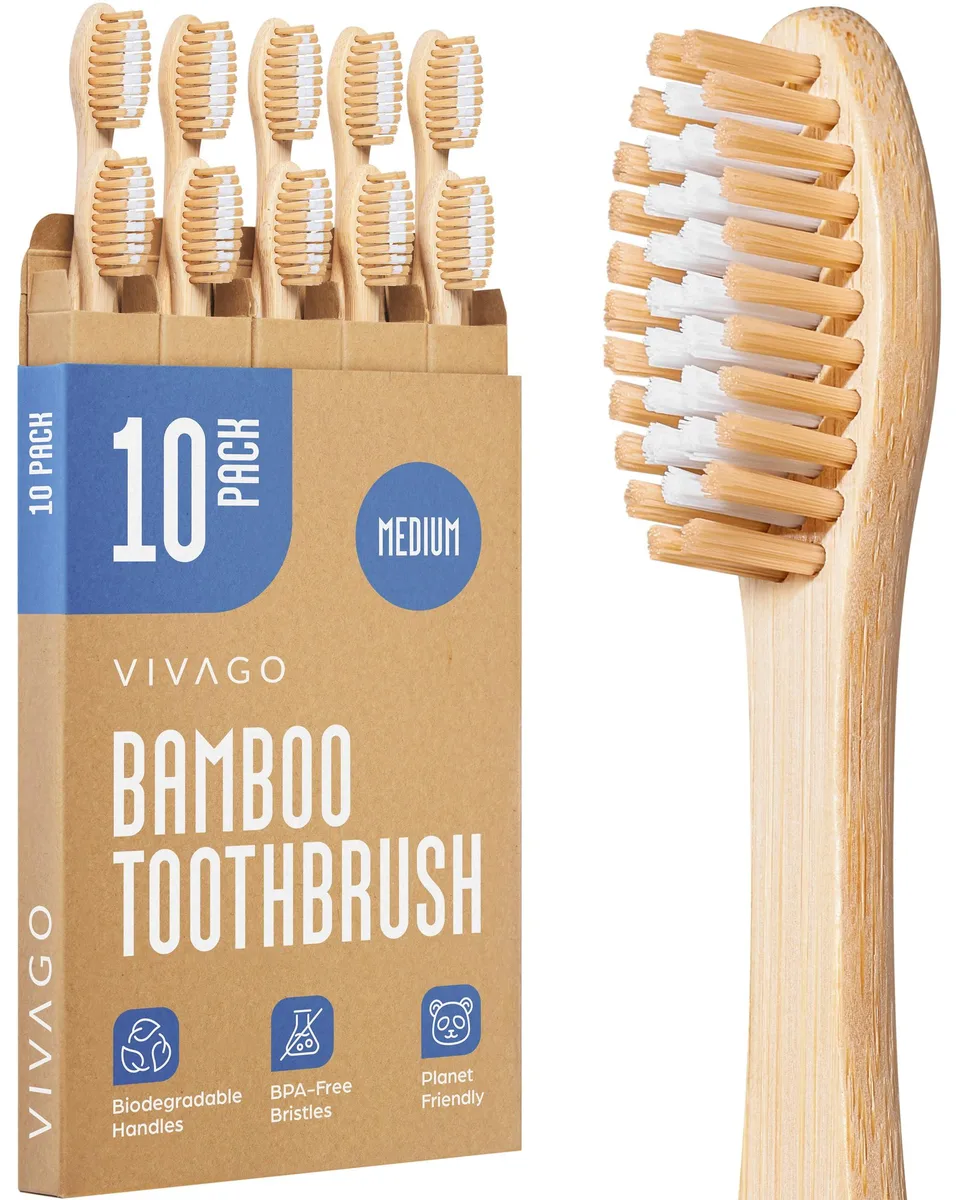 Pack of ten natural bamboo manual toothbrushes with medium bristles