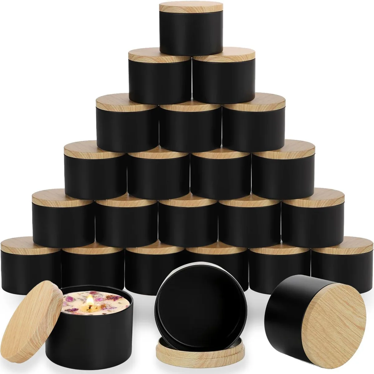  ABK black-1 24 PCS 4oz Black Candle Tins with Wood Grain Lids — product photo